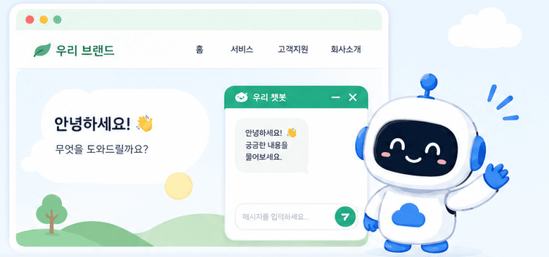 브랜드 색이 적용된 챗봇 위젯이 웹사이트에 붙어 있는 모습